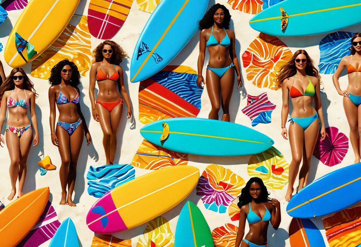 A vibrant beach scene showcasing diverse body types in stylish swimwear, sunbathing on colorful towels alongside surfboards in the surf. The sun casts a warm glow over joyful beachgoers, highlighting different swimwear designs that suit various shapes. Include splashes of water and waves to suggest surfing action. Capture a feeling of inclusivity and fun. super-realistic. vibrant colors. 3D.
