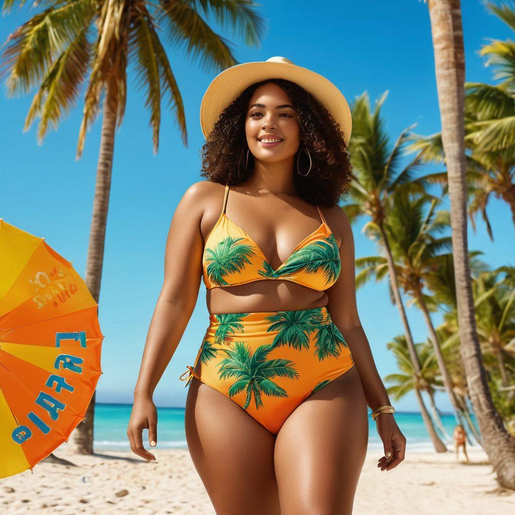 A vibrant beach scene showcasing diverse fashionable swimwear and intimate apparel for confident beachgoers. Capture sun-soaked colors, playful beach accessories, and happy individuals enjoying summer vibes, emphasizing body positivity and inclusivity. Use a bright and cheerful atmosphere with palm trees in the background. super-realistic. vibrant colors. sunny day.